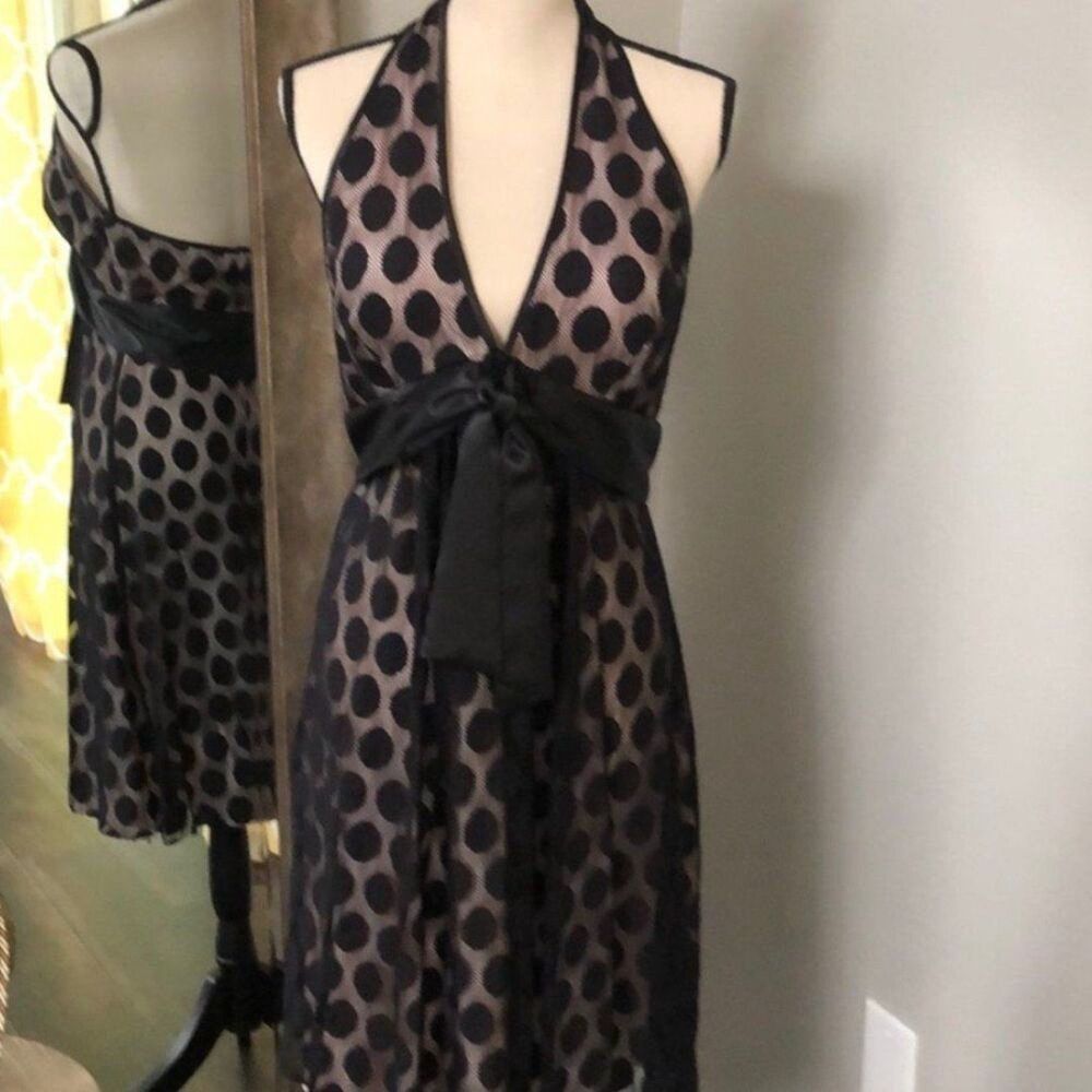 Vintage Y2K Bebe Black Polka Dot Lace Halter Deep V Bowtie Cocktail Dress Size S